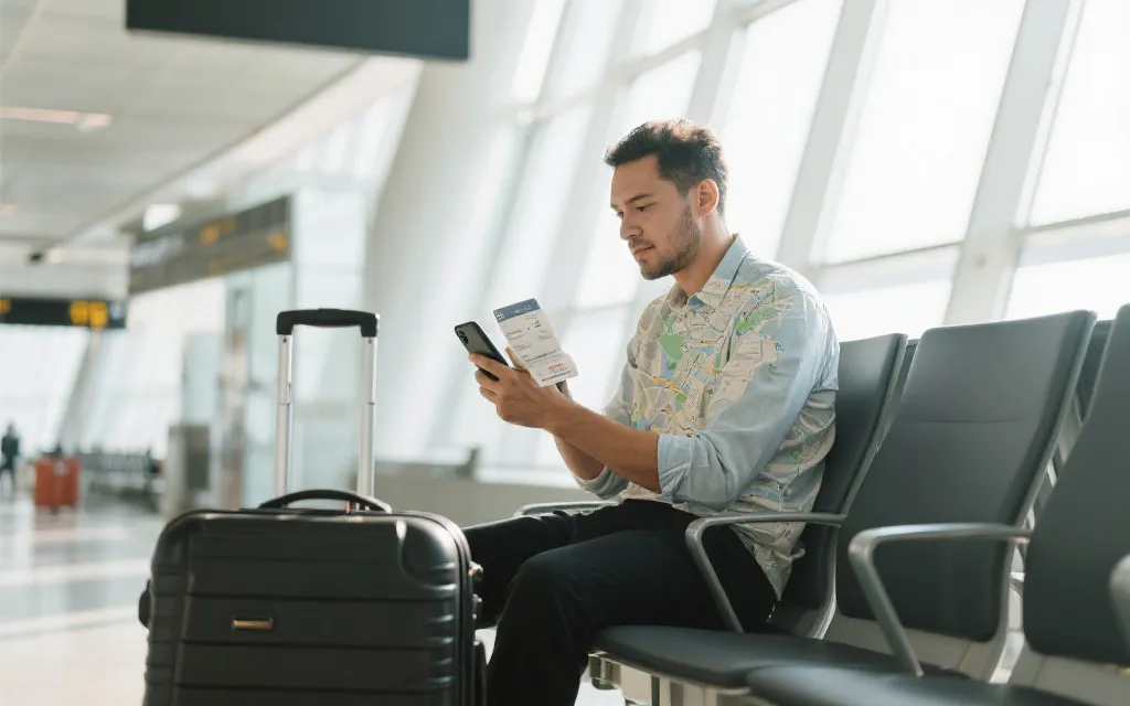 旅行者在机场用手机查看离线地图和电子票据，行李箱旁，干净明亮的纪实风