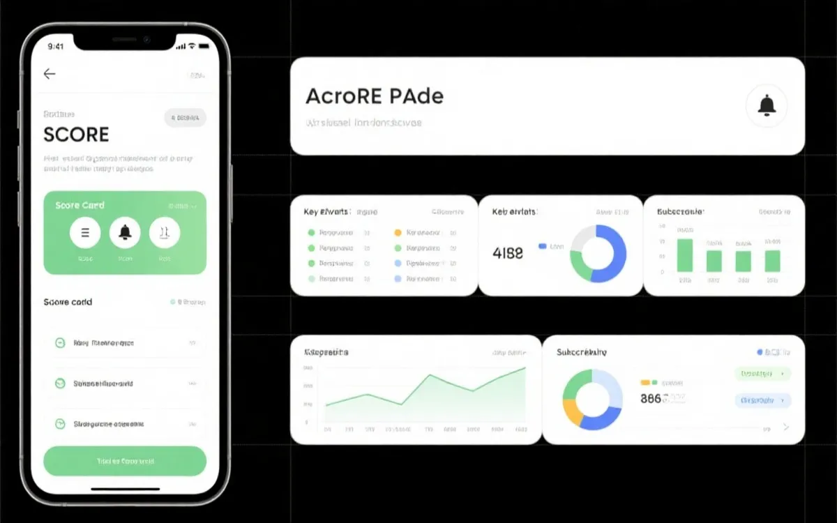 移动端实时比分页信息层级示意：首屏比分卡、关键事件、可视化模块与订阅提醒按钮