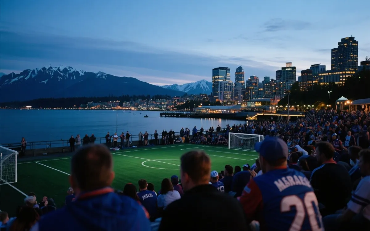温哥华傍晚海湾旁的球迷观赛聚会，远处山景与城市灯光交织