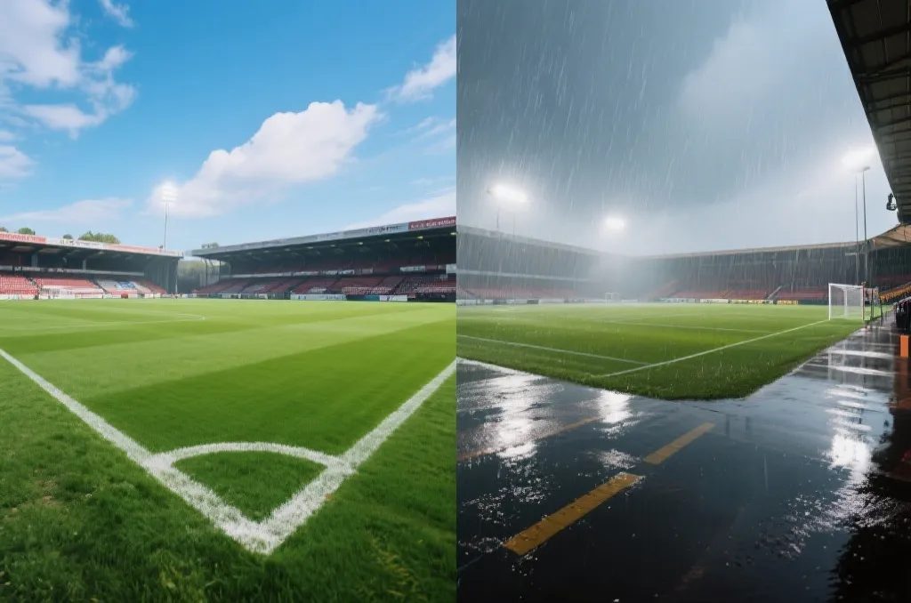 体育场在不同天气下的对比：晴天与雨天，体现节奏变化与球迷关注点