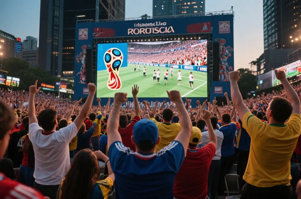 全球球迷聚集在屏幕前关注世界杯，氛围热烈