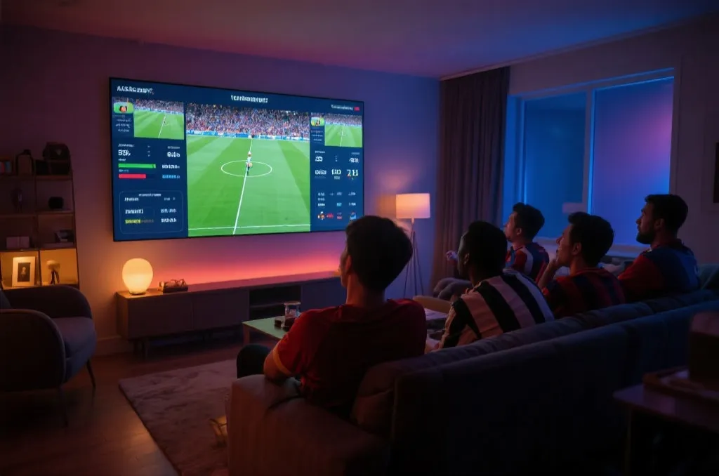 球迷围坐在灯光柔和的房间里观看世界杯比赛，桌上有饮料和零食，屏幕中显示实时数据与比赛画面